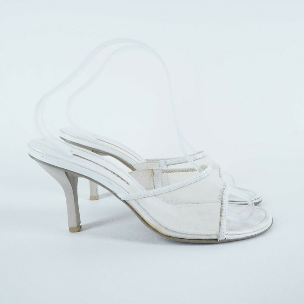 DONALD J. PLINER Womens Size 9.5 White Mesh Open Toe Slide Mule Heels Leather